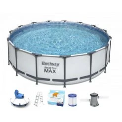 Pack BESTWAY Piscine Tubulaire Ronde - Steel Pro Max - 457 X 122 Cm - Robot Aspirateur Autonome Frisbee - Kit De Traitement De L'eau - Gris