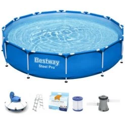 Pack BESTWAY Piscine Tubulaire Ronde - Steel Pro Max - 366 X 100 Cm - Robot Aspirateur Autonome Frisbee - Kit De Traitement De L'eau - Bleu