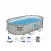 Pack BESTWAY Piscine Tubulaire Ovale - SwimVista - 427 X 250 X 100 Cm - Motif Rotin - Robot Aspirateur Autonome Frisbee - Kit De Traitement De L'eau - Gris