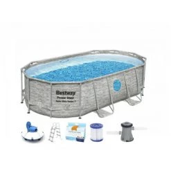 Pack BESTWAY Piscine Tubulaire Ovale - SwimVista - 427 X 250 X 100 Cm - Motif Rotin - Robot Aspirateur Autonome Frisbee - Kit De Traitement De L'eau - Gris