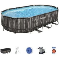 Piscine Hors-sol Tubulaire Bestway Power Steel Oval Imitation Bois 610x366x122 Cm Épurateur à Cartouche De 5 678 L/H